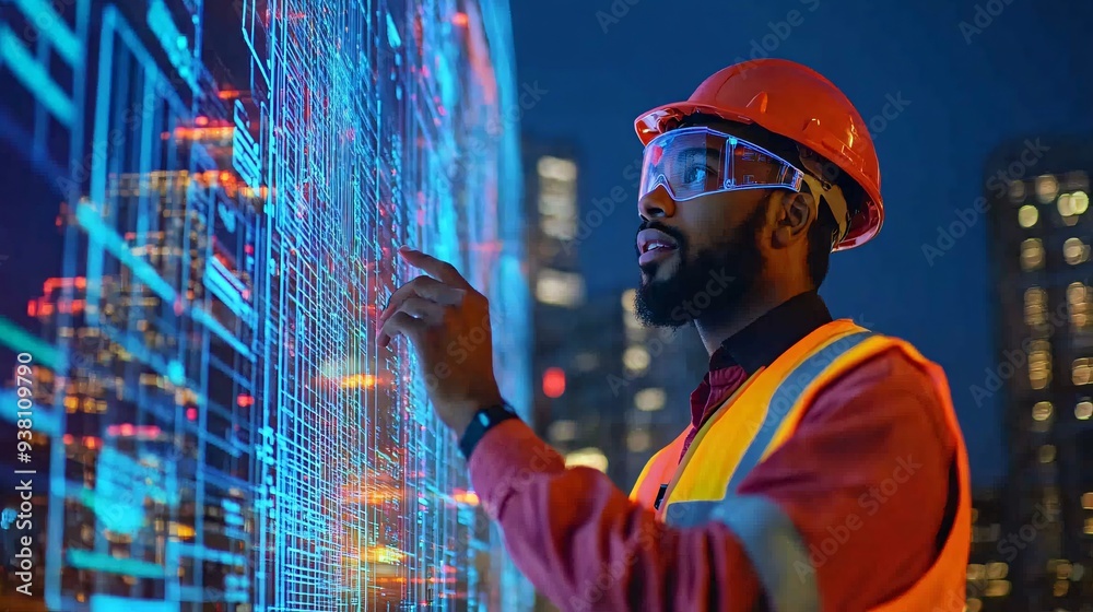 Poster An engineer standing on a construction site reviewing a 3D holographic overlay of the buildings structure aligning the digital blueprint with the physical environment to ensure design accuracy Stock