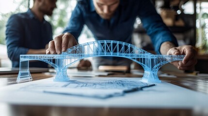 A team of architects and engineers working together on a 3D holographic model of a bridge discussing structural integrity and aesthetic elements showing the blend of technical and creative expertise