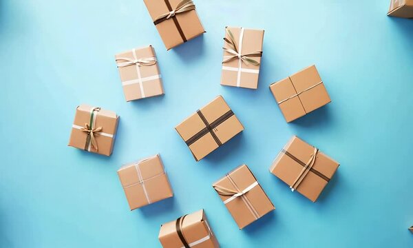 Brown Gift Boxes on Blue Background