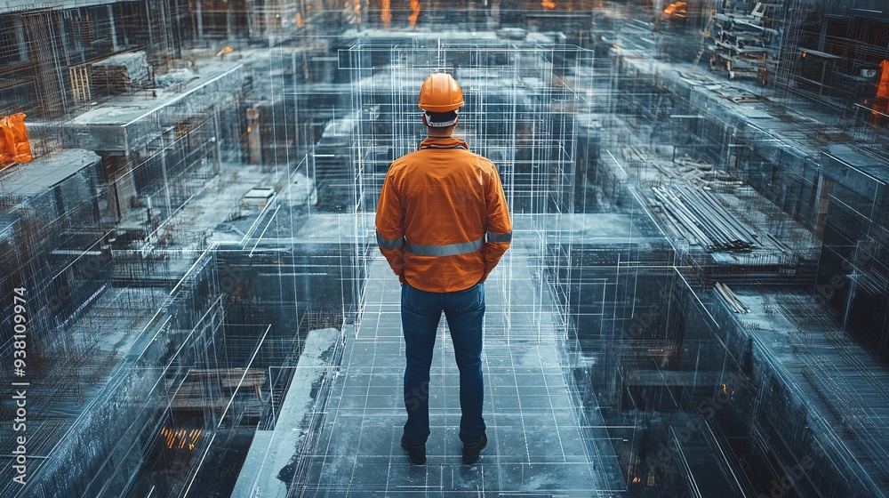 Poster An engineer standing on a construction site reviewing a 3D holographic overlay of the buildings structure aligning the digital blueprint with the physical environment to ensure design accuracy Stock