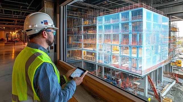 An architect on-site examining a 3D hologram of the completed building overlaid on the construction area ensuring that the project is progressing according to the digital plans Stock Photo with copy - Powered by Adobe