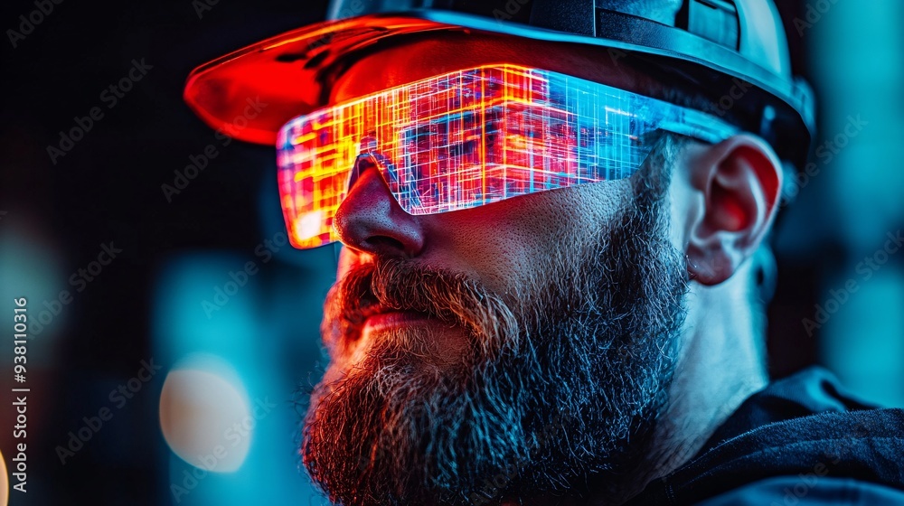 Poster An architect on-site examining a 3D hologram of the completed building overlaid on the construction area ensuring that the project is progressing according to the digital plans Stock Photo with copy