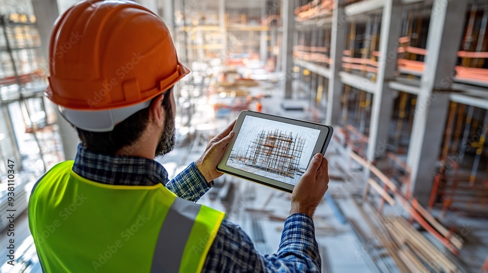 Aufkleber a construction manager holding a tablet that projects a 3d holographic model of the structure direct