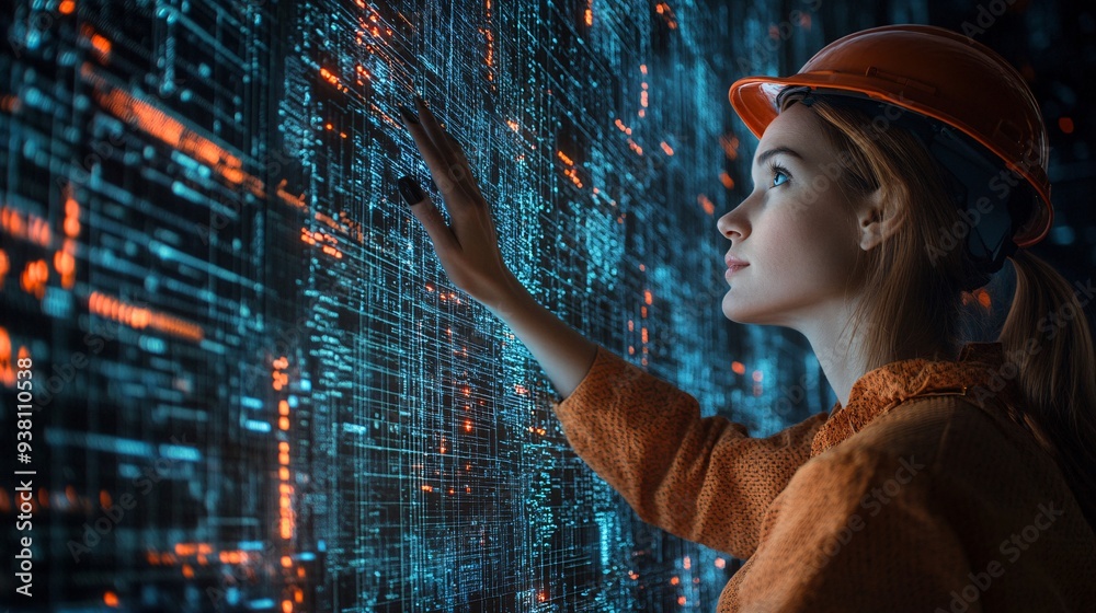Poster An on-site engineer comparing a 3D holographic model with the actual construction ensuring that every element matches the digital design and making adjustments as needed Stock Photo with copy space
