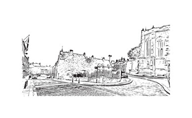 Print Building view with landmark of Stirling is the city in UK. Hand drawn sketch illustration in vector.