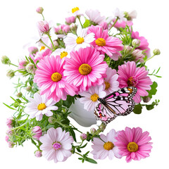 A vibrant bouquet of pink and white flowers adorned with a butterfly, perfect for spring themes and nature-inspired designs.