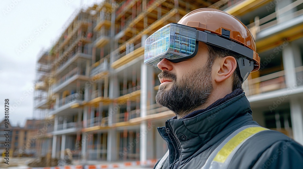 Poster An architect wearing augmented reality glasses on a construction site viewing a 3D holographic overlay of the project confirming that the physical build aligns perfectly with the digital model Stock