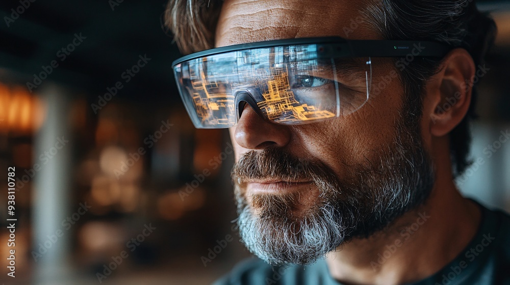 Poster An architect wearing augmented reality glasses on a construction site viewing a 3D holographic overlay of the project confirming that the physical build aligns perfectly with the digital model Stock