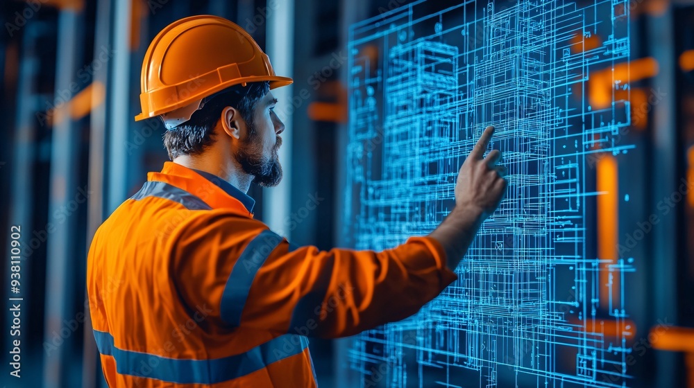 Poster A detailed view of an engineer interacting with a 3D holographic projection of a building directly on the construction site ensuring precision and adherence to the design blueprint Stock Photo with