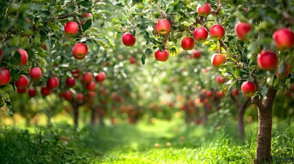 Lush verdant apple orchard with ripe juicy apples hanging from the trees in an autumnal landscape offering ample space for copy or design elements