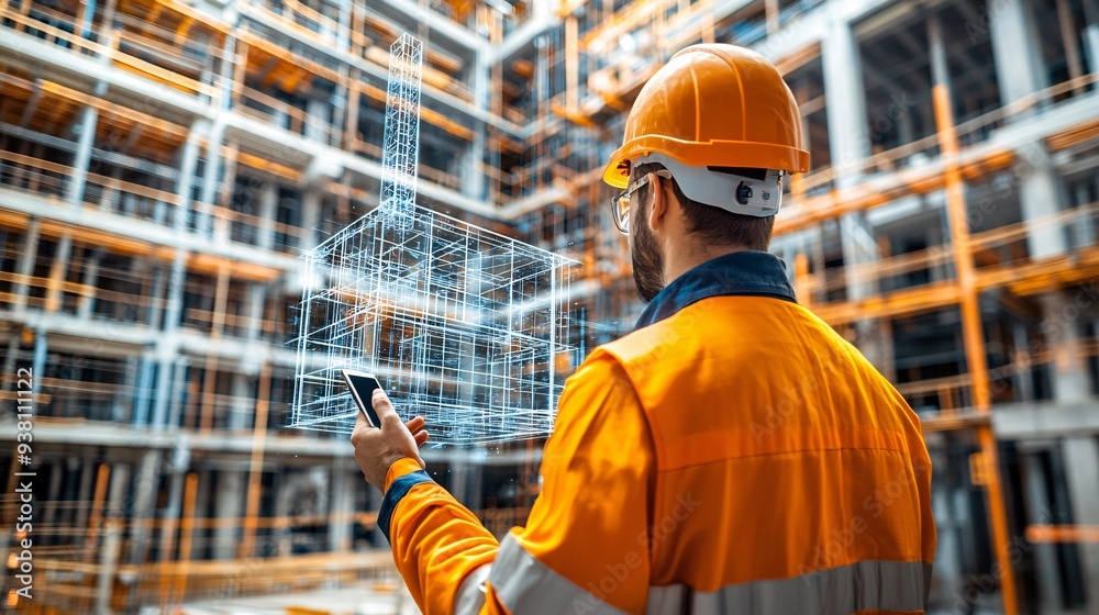 Aufkleber A construction professional using a handheld device to project a 3D hologram of the completed structure over the ongoing construction site checking for any deviations from the planned design Stock