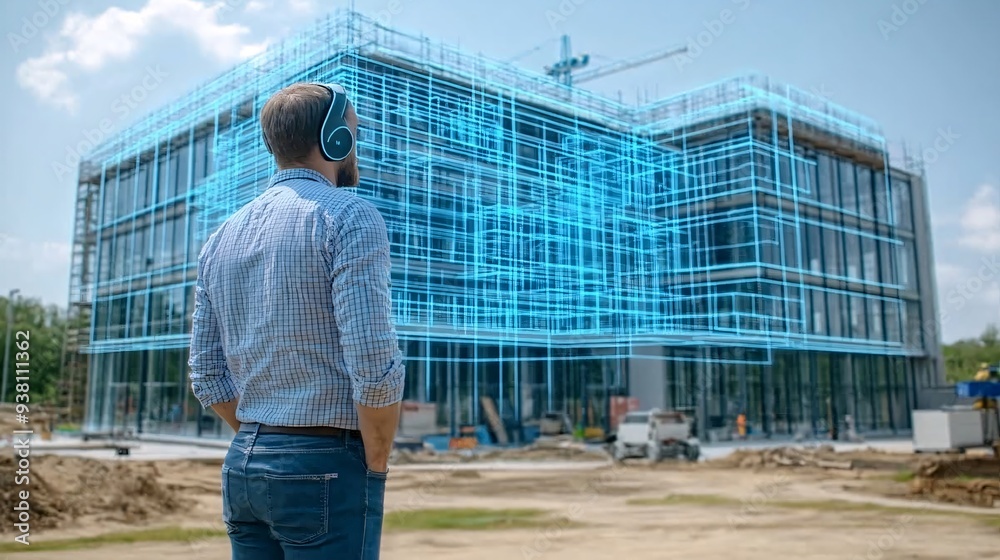 Poster An engineer on-site adjusting a 3D holographic model of a building projected over the construction area verifying that the physical build is progressing according to the digital plan Stock Photo with