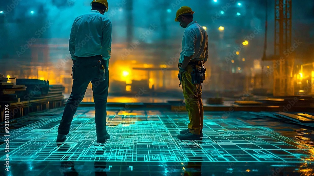 Poster An architect on a construction site viewing a 3D holographic floor plan overlay on the ground ensuring that the layout and dimensions are accurate before proceeding Stock Photo with copy space