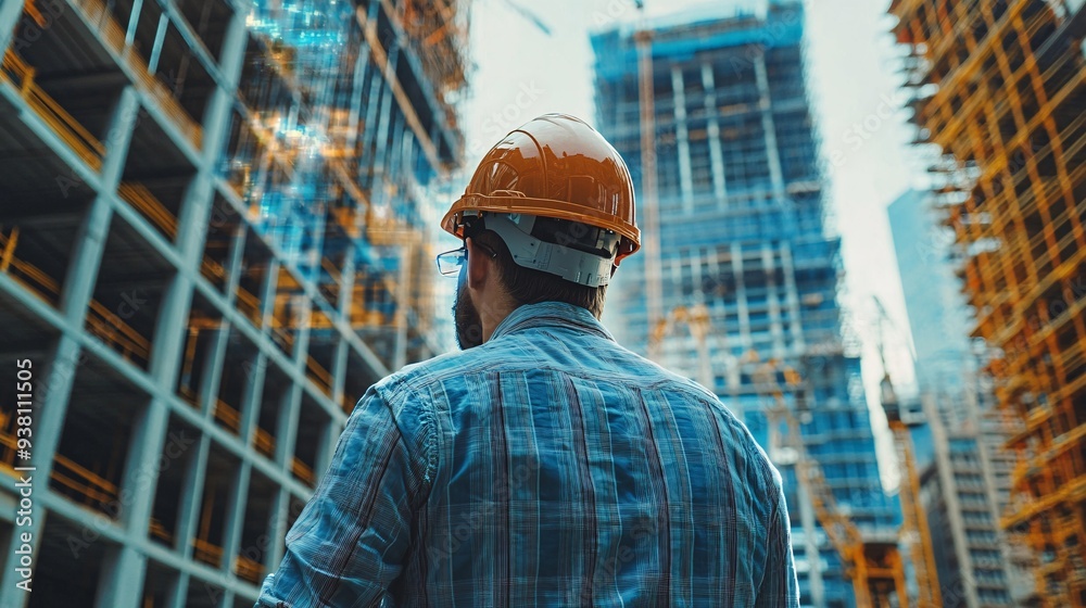 Poster An engineer on-site adjusting a 3D holographic model of a building projected over the construction area verifying that the physical build is progressing according to the digital plan Stock Photo with