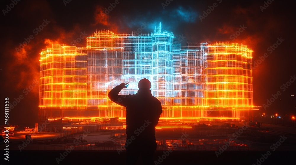 Poster An engineer on-site adjusting a 3D holographic model of a building projected over the construction area verifying that the physical build is progressing according to the digital plan Stock Photo with