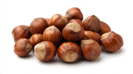 Fototapeta premium A pile of fresh raw hazelnuts in their shells isolated on a white background.