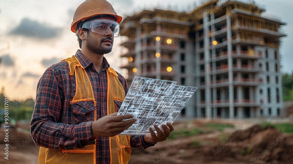 Aufkleber A construction site with an architect examining a 3D hologram of the final structure overlaid on the actual environment ensuring that every detail of the build aligns with the design Stock Photo with