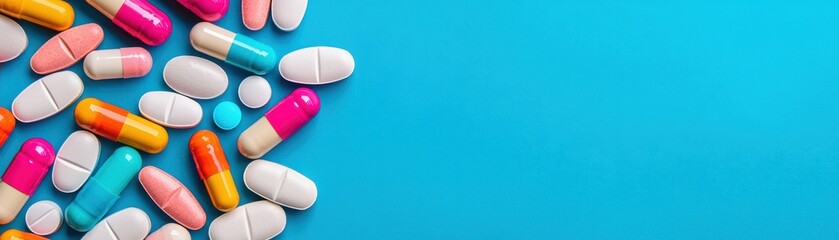 Assorted colorful pills on a blue background, perfect for healthcare and wellness themes in medical and pharmaceutical contexts.