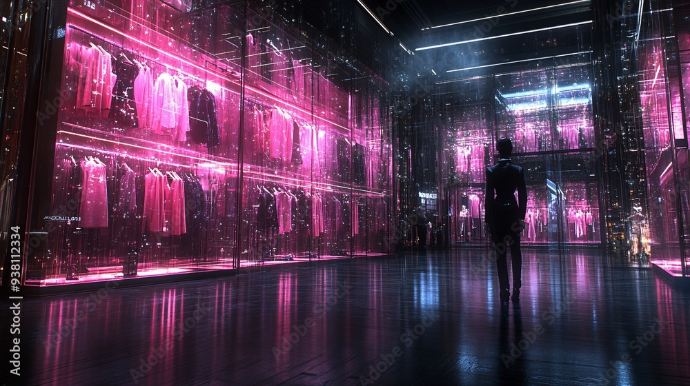 Aufkleber A fashion designer showcasing a 3D holographic collection to clients in a virtual showroom where garments are displayed in life-size holograms allowing clients to view designs from all angles Stock