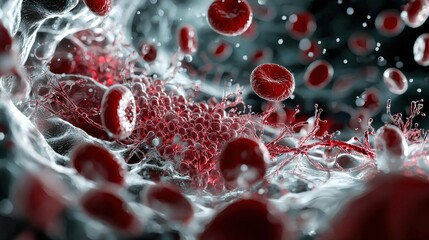 View of the bone marrow under a magnifying glass, revealing growing blood cells and stem cells