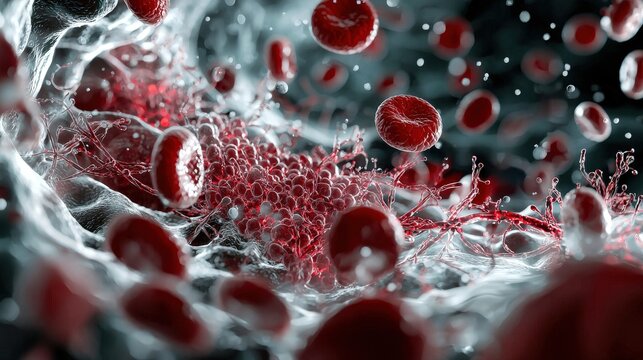 View of the bone marrow under a magnifying glass, revealing growing blood cells and stem cells
