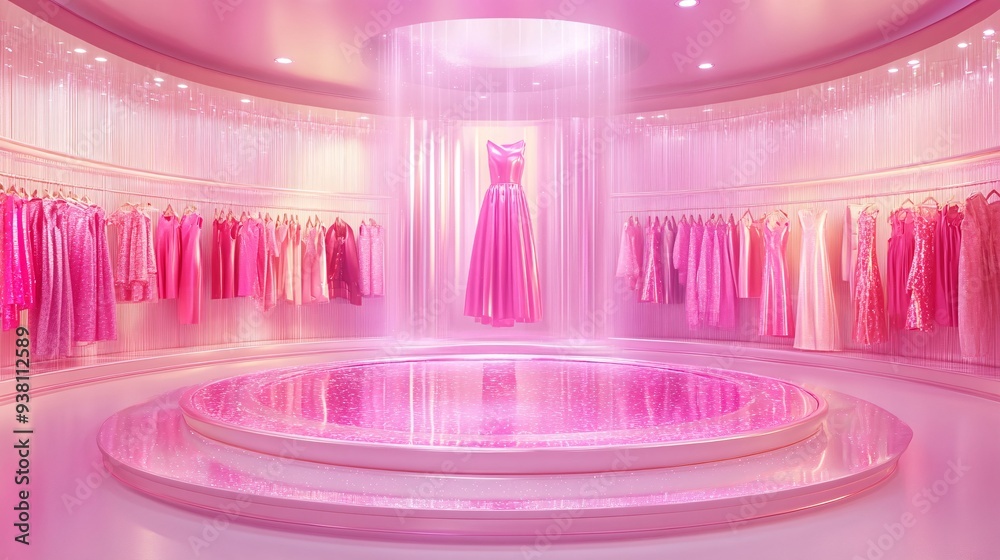 Poster A virtual fashion showroom with a designer using holographic technology to present a new clothing line to clients enabling them to interact with the garments by rotating and resizing them Stock Photo