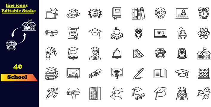 Set of 40 outline icons related to School .