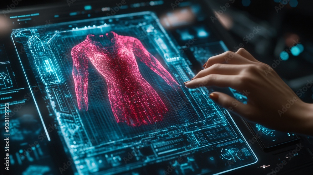 Poster A detailed view of a designer using a digital tablet to manipulate a 3D holographic garment in a virtual showroom allowing clients to visualize the design in different colors and fabrics Stock Photo