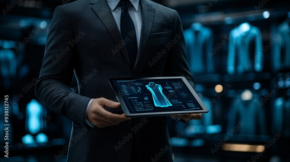 Poster A detailed view of a designer using a digital tablet to manipulate a 3D holographic garment in a virtual showroom allowing clients to visualize the design in different colors and fabrics Stock Photo