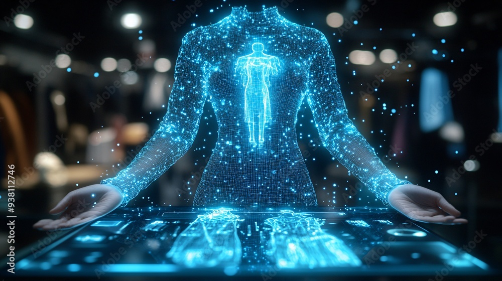 Poster A detailed view of a designer using a digital tablet to manipulate a 3D holographic garment in a virtual showroom allowing clients to visualize the design in different colors and fabrics Stock Photo