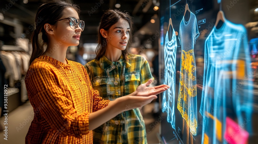 Poster a fashion designer and clients interacting with a 3d holographic clothing collection in a virtual sh