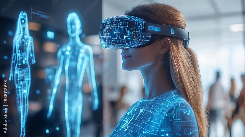 Poster a high-tech virtual showroom featuring a designer presenting a 3d holographic fashion line to client