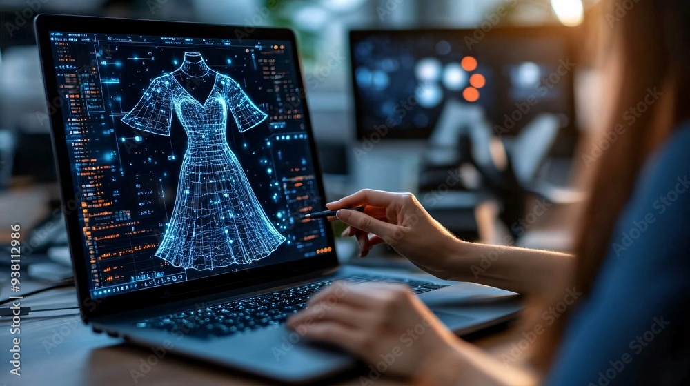 Poster a fashion designer manipulating a 3d holographic dress in a virtual showroom demonstrating how the g