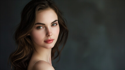 Fototapeta premium a beautiful Caucasian brunette woman on a dark background with light makeup and long hair looks at the camera with a turn of his head