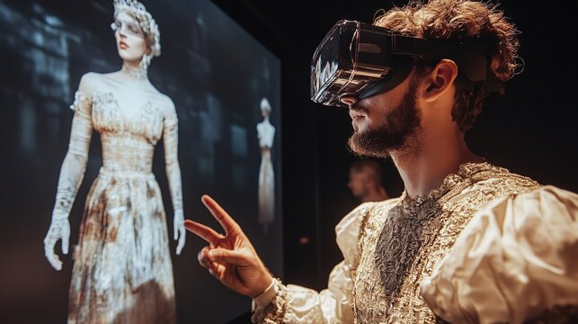 A fashion designer and clients interacting with a 3D holographic clothing collection in a virtual showroom where garments can be viewed up close and even tried on virtually Stock Photo with copy space
