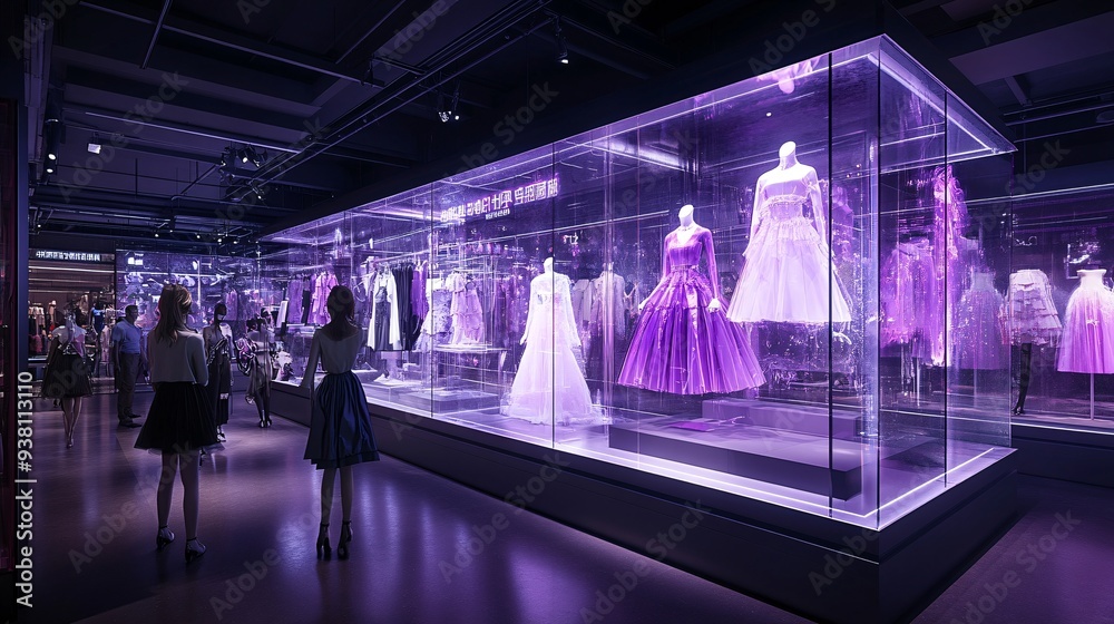 Aufkleber a virtual fashion showroom where a designer uses holographic technology to project a full collection