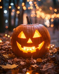 A carved Halloween pumpkin glowing warmly amidst festive string lights and autumn leaves, creating a spooky yet cheerful atmosphere

