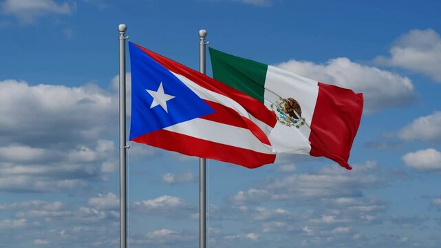 Mexico and Puerto Rico flags flying together, video concept of the relationship, two country relations concept