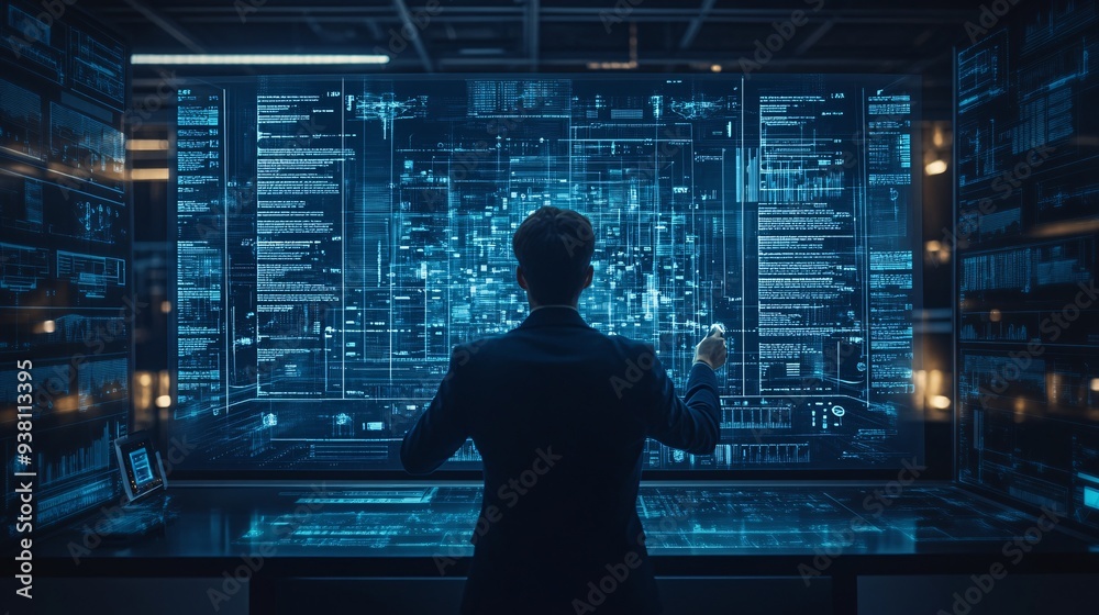 Poster A detailed view of a designer manipulating a 3D hologram of light fixtures and furniture within a physical room showcasing how augmented reality aids in exploring aesthetic options Stock Photo with