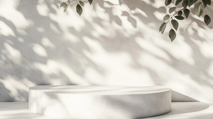 Minimalist Cream White Cement Counter with Soft Sunlight and Leaf Shadows, Ideal for Luxury Skincare and Beauty Product Display