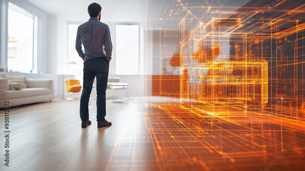 Poster A designer standing in a partially furnished room using augmented reality to project different wall textures and floor materials onto the existing space demonstrating functionality and style Stock