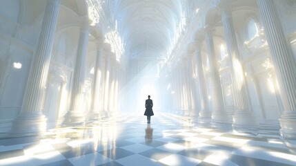 A designer standing in a partially furnished room using augmented reality to project different wall textures and floor materials onto the existing space demonstrating functionality and style Stock