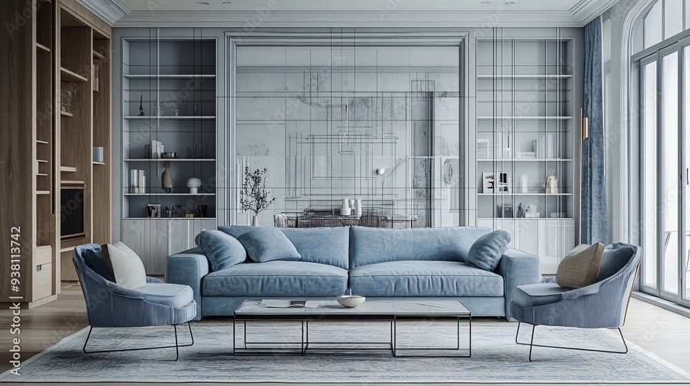 Aufkleber A living room setting where a designer is using a 3D holographic interface to test various color palettes and furniture placements illustrating the process of visualizing interior design changes