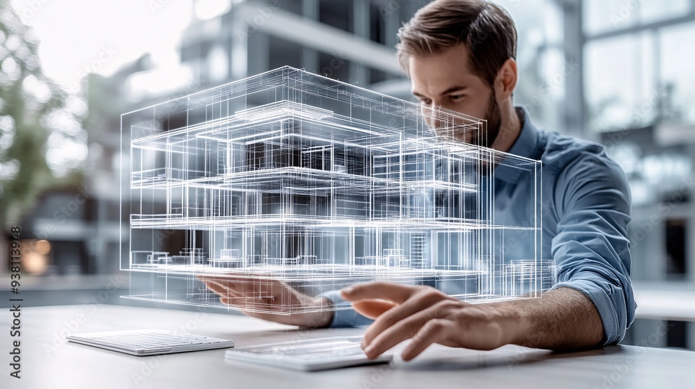 Poster A designer interacting with a 3D hologram of a fully furnished room overlaying it onto a real environment to explore different design options before making final decisions Stock Photo with copy space