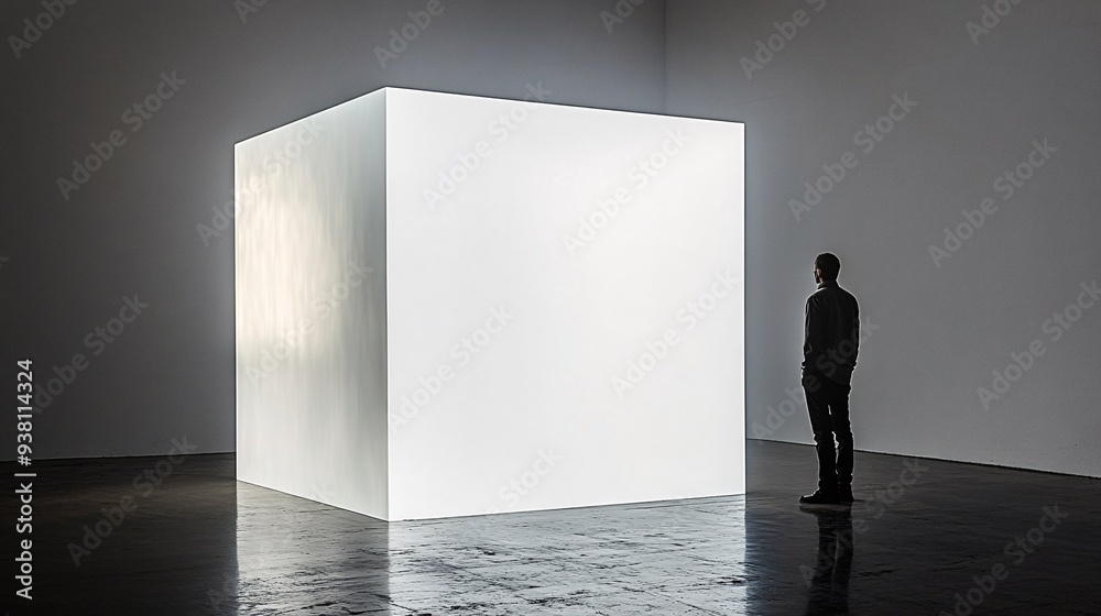 Aufkleber A designer standing in a minimalist room using a 3D hologram to visualize how different furniture pieces would fit into the space enhancing the design process with technology Stock Photo with copy