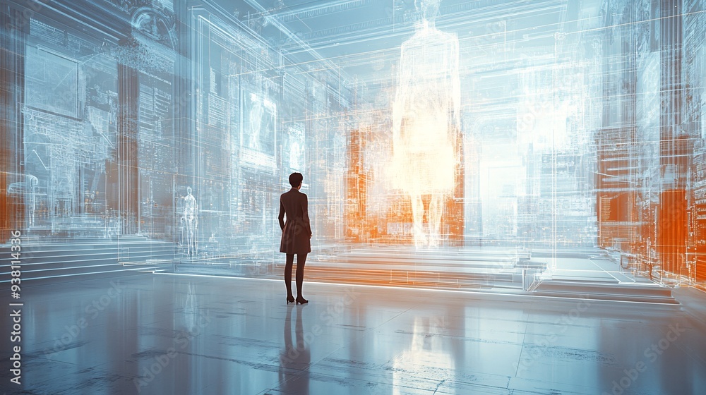 Aufkleber A designer standing in a minimalist room using a 3D hologram to visualize how different furniture pieces would fit into the space enhancing the design process with technology Stock Photo with copy