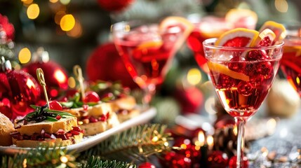 Close-up of festive cocktails and hors d'oeuvres at a holiday party. 