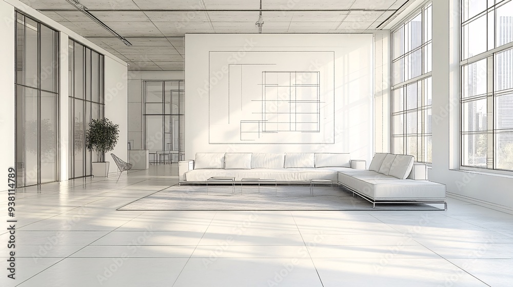 Poster A modern office where a designer is using augmented reality to project and adjust different design elements within the space offering a futuristic approach to interior design Stock Photo with copy