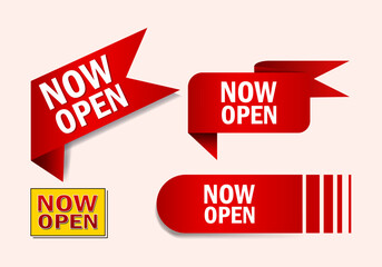 Now open tag, price tag sticker with offer message. Promotion new business icon simbol sign label badge vector design.