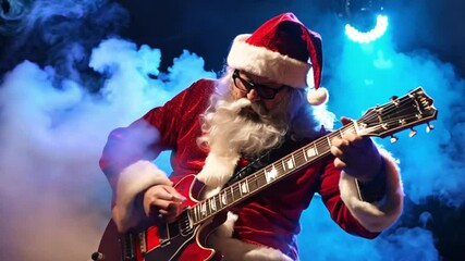 Santa Claus playing an electric guitar in a recording studio, music concept. Band performing live on stage in nightclub. Christmas festival, concert, show.	 - Powered by Adobe